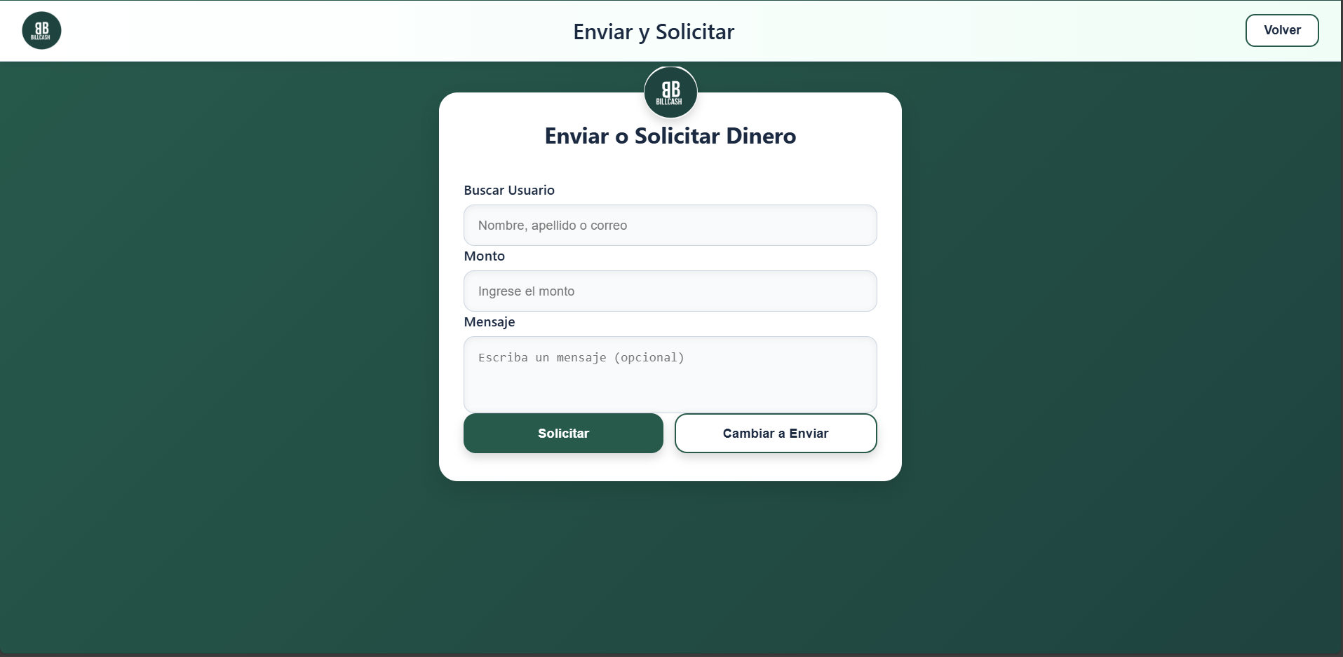 Pantalla de Solicitar Dinero
